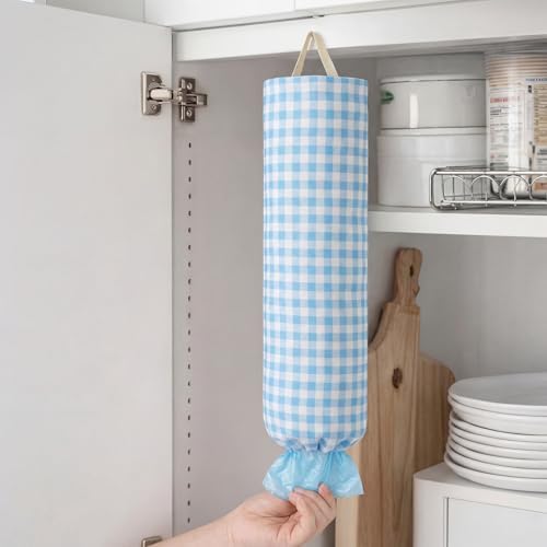 Gingham Plastic Bag Holder for Grocery Bag, Light Blue