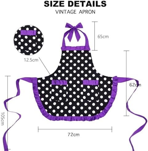 Violet Mist Vintage Apron for Women with Pockets Girls Cute Polka Dot Retro Stylish Apron Sexy Purple Dress 50s Aprons Pretty Ruffle Adjustable Neck Strap Flirty Halloween Mothers Gifts, Purple 2