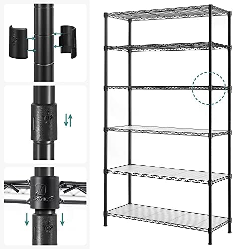 SONGMICS 6-Tier Storage Shelves, Adjustable Wire Shelving Unit, 8 Hooks