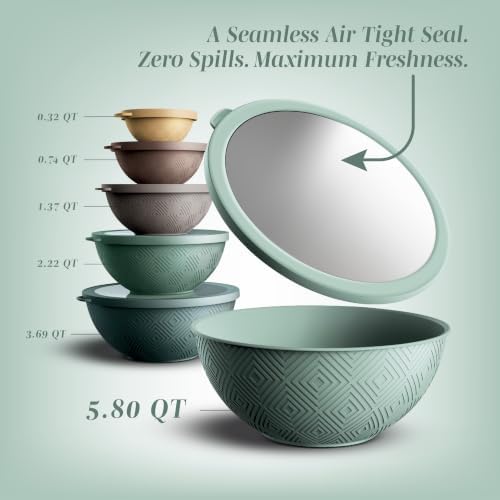 COOK WITH COLOR Mixing Bowls with Lids - 12 Piece Plastic Nesting Bowls Set includes 6 Prep Bowls and 6 Lids, Microwave Safe Mixing Bowl Set, Mint Rhombus