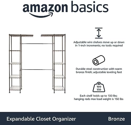 Amazon Basics Expandable Metal Hanging Closet Organizer and Storage Rack Wardrobe with Shelves, 57-80''L x 14''W x 72''H, Bronze