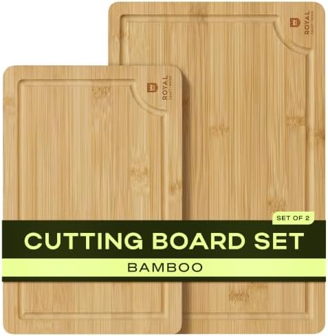 ROYAL CRAFT WOOD Wooden Cutting Boards for Kitchen Meal Prep & Serving - Bamboo Wood Serving Board Set with Deep Juice Groove Side Handles - Charcuterie & Chopping Butcher Block for Meat