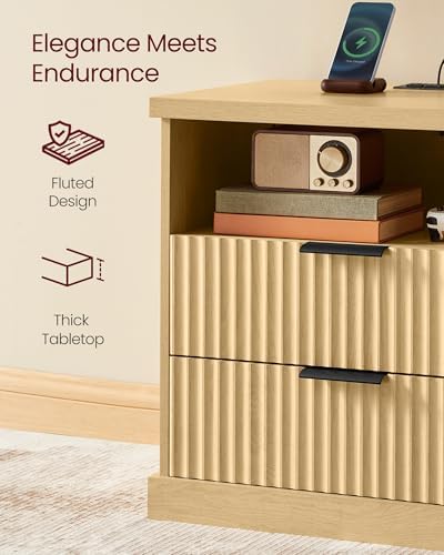 VASAGLE Set of 2 Nightstands with Charging Station, 2 Drawers, Open Shelf