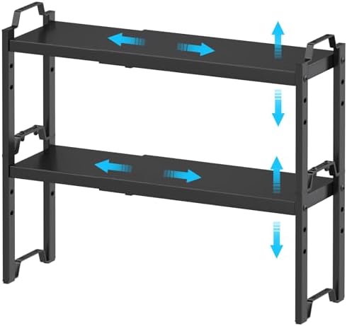 Narrow Expandable Cabinet Shelf Organizer 5.51" Width, Kitchen Counter Storage Shelves Spice Racks, Small Cupboard Countertop Tabletop Shelves Organizers, Expandable Adjustable Stackable, Load 30LBS
