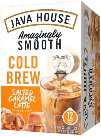 JAVA HOUSE Salted Caramel Latte Cold Brew Coffee Capsules, 1.35 Fluid Ounces (12 Count) Peel and Pour, TSA Approved, Travel Friendly Cold Brew, Hot or Iced