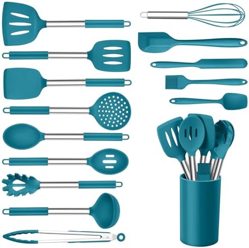 Onader 15pcs Kitchen Cooking Utensils Set with Holder, Onader Heat Resistant Silicone Kitchen Utensils Spatula Set with Stainless Steel Handle - Blue