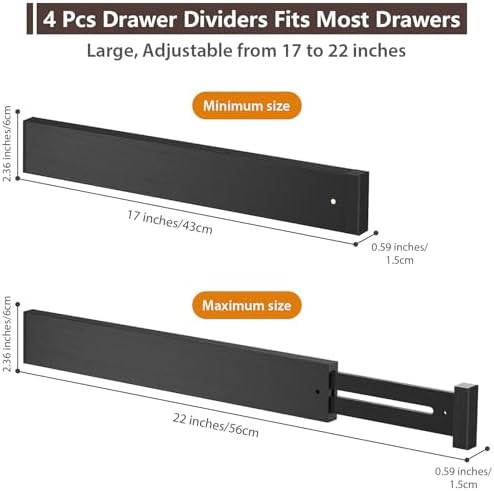 4 Pack Bamboo Drawer Dividers 17-22" Adjustable Kitchen Organizer, Black