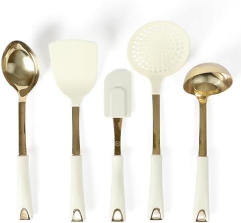 Martha Stewart Lockton 5-Piece Kitchen Tool Set – Stainless Steel & Nylon Cooking Utensils with Linen Handles and Gold Accents, Durable Heat-Resistant Kitchen Gadgets