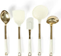 Martha Stewart Lockton 5-Piece Kitchen Tool Set – Stainless Steel & Nylon Cooking Utensils with Linen Handles and Gold Accents, Durable Heat-Resistant Kitchen Gadgets