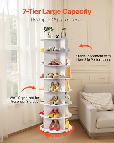 VEVOR 7 Tiers Rotating Shoe Rack Tower, 360° Spinning Shoe Rack, Revolving Storage Round Carousel Display, Freestanding Lazy Susan Organizer Display for Bedroom, Living Room, Entryway, Closet, White