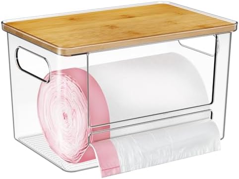 Trash Bag Holder, Acrylic Garbage Bag Dispenser with Bamboo Top
