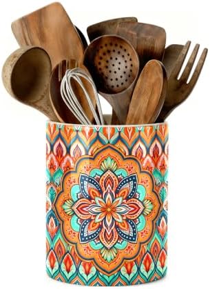 Orange Bohemian Kitchen Utensil Holder, Boho Style Ceramic Utensil Holder For Countertop Organizer, 6.3'' Winter Cooking Utensil Crocks Festivel Decor Utensil Storage Cup for Spatulas, Spoons