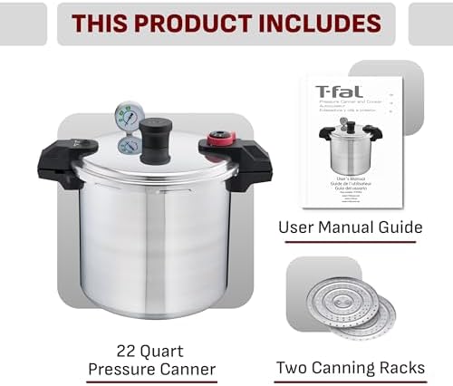 T-fal 22-Quart Aluminum Pressure Canner, 3 PSI Settings, Home Canning, Includes Racks & Canning Guide, Large Capacity, Pressure & Water Bath Canning for Vegetables, Meats, Seafood & Fruits, Silver