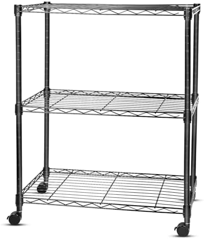 Whitmor 3 Tier Storage Shelves, Heavy Duty with Wheels, Adjustable Wardrobe Rack, 400 lbs Capacity per Shelf, Max 1200 lbs Total for Kitchen, Bathroom, Garage, 24" L x 14" W x 30.5" H, Black