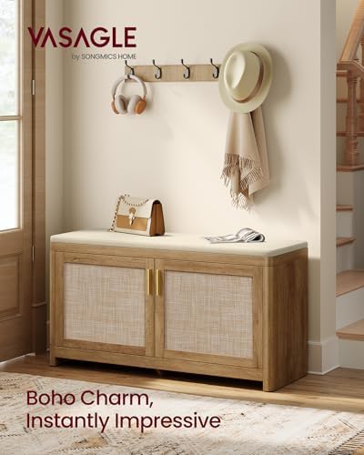 VASAGLE Boho Shoe Bench with Cushion, 2 Rattan-Look Cabinet Doors