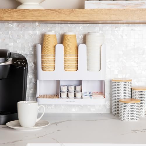 Mind Reader Cup and Condiment Station, 13 Inch Countertop Coffee Bar Organizer with 6 Compartments, Storage Caddy for Cups, Lids and Packets, Plastic, White 13" L x 6.4" W x 11.5" H (Pack of 4)
