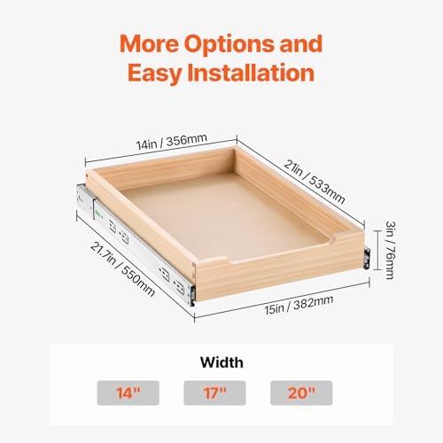 VEVOR Pull Out Cabinet Organizer, 14"W x 21"D Cabinet Drawer, Soft Close Slide out Shelf, Heavy-Duty Sliding Wood Drawer, Bottom Mount Size（14.5"W x 23"D）and Side Mount Size（15"W x 23"D）