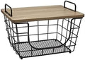 Gourmet Basics by Mikasa Madam Metal Stacking Nesting Rectangular Basket with Acacia Wood Lid, Space Saving Kitchen, Bathroom & Office Organizer, Antique Black