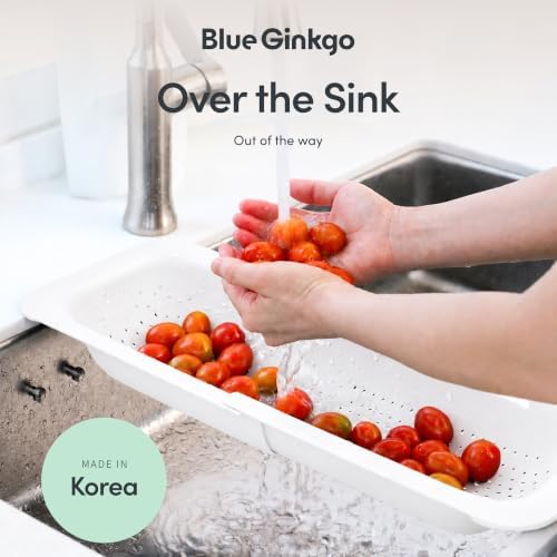 Blue Ginkgo Over Sink Colander, Extendable Kitchen Strainer, 2-Pack, White