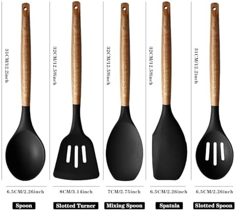 Kitchen Utensils Set, Silicone Cooking Utensils Set,Non-Stick Silicone Spatula Set with Natural Acacia Hard Wood Handle, 5 Piece, Upgraded Thickened Cookware