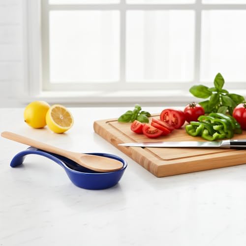 Reston Lloyd Kitchen Counter Utensil Spoon Rest, Ladles, Spaghetti Forks, & Spatulas, Durable BPA-Free Plastic – Dishwasher Safe, Décor, Space Saving Hanging Hole on Handle, Indigo