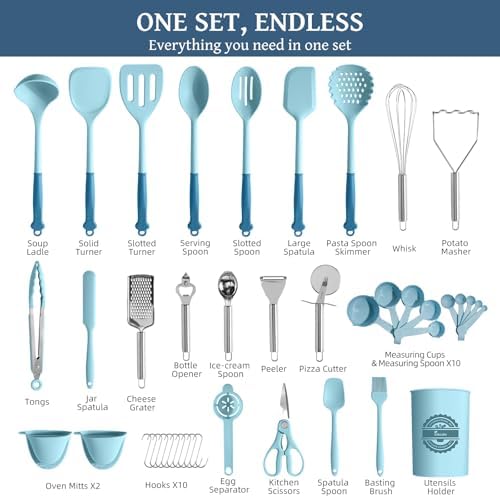 Kikcoin 43Pcs Large Kitchen Utensils Set - Silicone Cooking Utensils Set, Dishwasher Safe Spatula Set for Non-stick Cookware, 446°F Heat Resistant Kitchen Utensils Set with Holder BPA Free, Blue