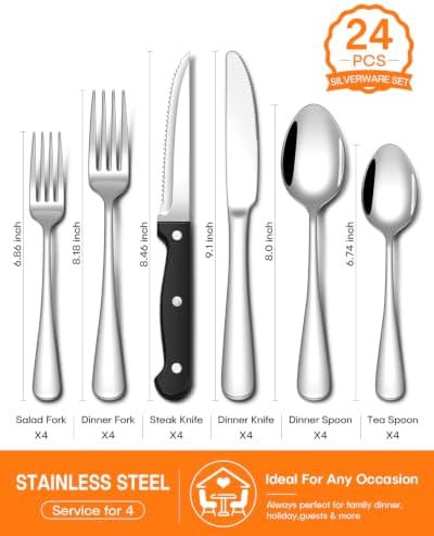 EUIRIO 24 Piece Silverware Set with Steak Knives Food Grade Stainless Steel Flatware Set for 4 Cutlery Utensil Set Mirror Polished Dishwasher Safe for Home Restaurant
