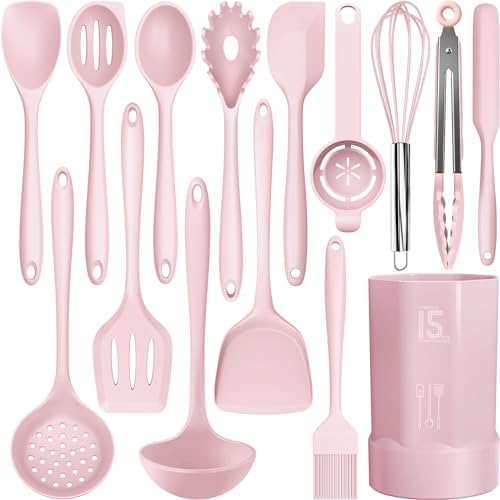 AOTHOD Silicone Cooking Utensils Set - 446°F Heat Resistant Kitchen Utensils, Spatula,Turner Tongs,Spoon,Whisk,Kitchen Utensil Gadgets Tools Set for Nonstick Cookware,Dishwasher Safe BPA Free(Pink)