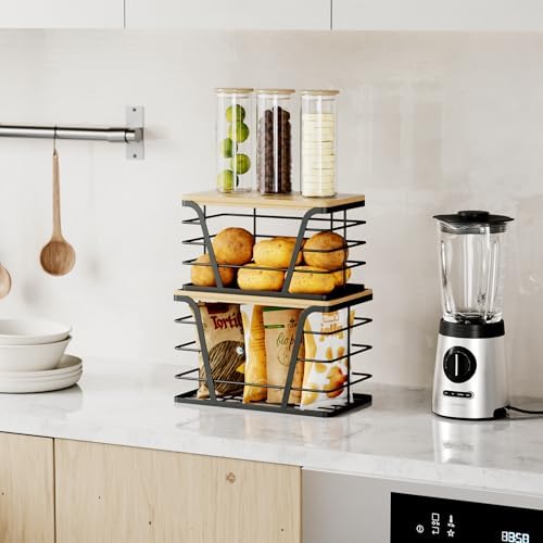 TIDIIABODE 2 Pack Stackable Storage Laundry Kitchen Organizers, Wall Mount Trash Bag Holder with Bamboo Top and Garbage Bag Dispenser No Drill
