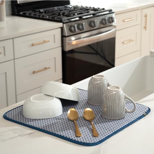 S&T INC. Dish Drying Mat, 16" x 18", Large, Blue Stockinette