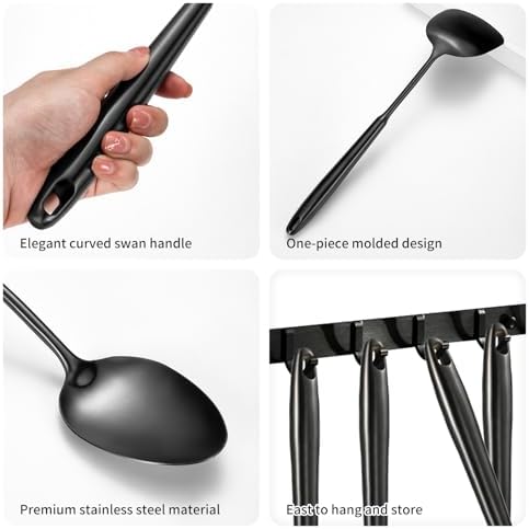 304 Stainlss Steel Matte Kitchen Utensils Set, 12 Pcs Long Metal Cooking Utensil Gadgets Tools Set with Spatula, Ladle, Spoon, Ladle, Skimmer, Tunner, Pasta Server, Tongs(Black, Dishwasher Safe)