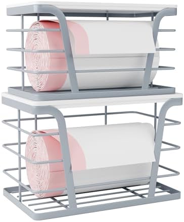 TIDIIABODE 2 Pack Gray Trash Bag Organizer for Kitchen and Pantry, Upgraded Stackable Metal Garbage Bag Holder with Bamboo Top, Modern Under Sink Storage Dispenser for Laundry Room, Garage
