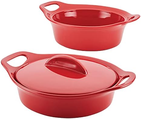 Rachael Ray Solid Glaze Ceramics Casserole Bakers/Baking Dish with Shared Lid Set, 3 Piece, Red