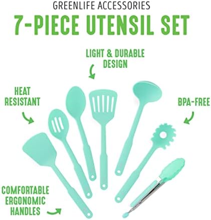 GreenLife Cooking Tools and Utensils, 7 Piece Nylon Set including Spatulas Turner Spoons and Tongs, Dishwasher Safe, Turquoise