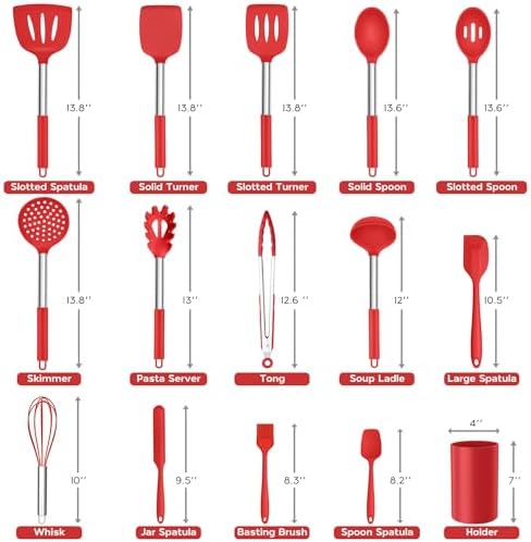 Onader 15 Pcs Silicone Cooking Utensils Set, Red Kitchen Utensils Spatula Set with Holder, Large Kitchen Gadgets Tools for Nonstick Cookware