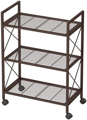 SONGMICS 3-Tier Steel Storage Rack with Wheels, Mesh Shelving Unit