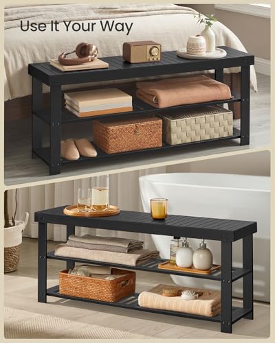 SONGMICS Shoe Rack Bench, 3-Tier Bamboo Entryway Bench, 43 Inches Width