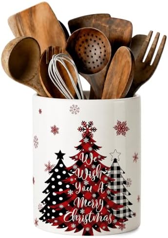 Christmas Tree Ceramic Utensil Crock, Farmhouse Xmas Kitchen Utensil Holder, Holiday Countertop Storage Organizer, Christmas Decor for Spatulas & Baking Gadgets, We Wish You A Merry Xmas