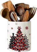 Christmas Tree Ceramic Utensil Crock, Farmhouse Xmas Kitchen Utensil Holder, Holiday Countertop Storage Organizer, Christmas Decor for Spatulas & Baking Gadgets, We Wish You A Merry Xmas