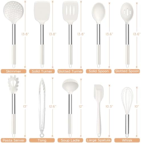 Onader 10 Pieces Silicone Kitchen Utensils Set, Cooking Utensils with Holder and Heat Resistant Stainless Steel Handle for Nonstick Cookware -White