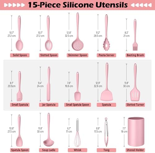 Homikit 15-Piece Kitchen Utensil Set, Pink Silicone Utensils with Holder