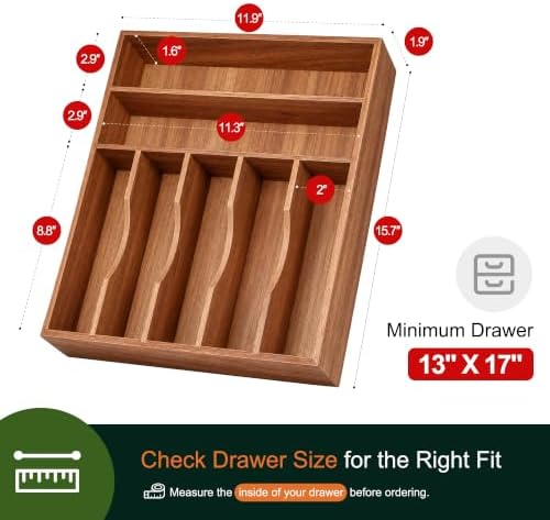 Kitchen Acacia Silverware Organizer - Extra Deep Grooved Drawer Divider, 7 Slot Utensil Organizer