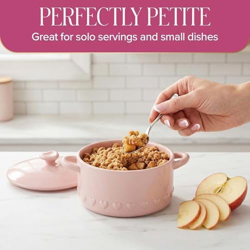 Paris Hilton Iconic Ceramic Stoneware Casserole Dish With Lid, Oven Safe Up To 450°F, Dishwasher & Microwave Safe, 28oz, Pink with Embossed Heart Design