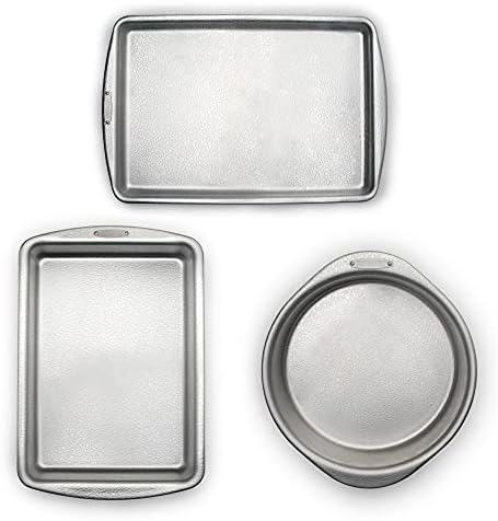Doughmakers 40056 Premium Quality Commercial Grade Bakeware, Set of 3 Baking Pans, 10 x 15 sheet, 9 x 13 pan, 9-inch round, Silver, Large