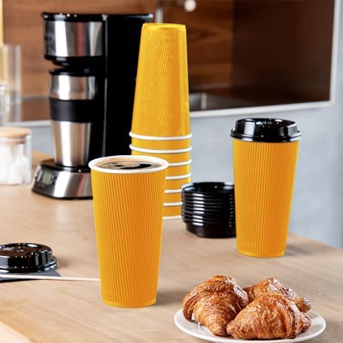 Restaurantware Ripple Wall Coffee Cups 250 Count 20 Ounce Insulated Yellow Paper Cups, Rolled Rim Spill-Resistant Disposable Paper Non-Slip for Coffee, Beverages