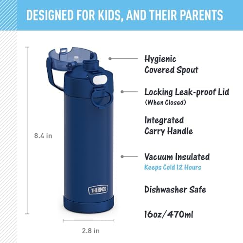 THERMOS FUNTAINER 16 Ounce Stainless Steel Vacuum Insulated Bottle with Wide Spout Lid,Navy,(Pack of 6)