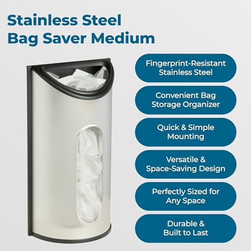 Honey-Can-Do Stainless Steel Plastic Bag Saver & Trash Bag Dispenser, Wall-Mounted Plastic Bag Organizer for Kitchen, Pantry, Garage, Durable Stainless Steel Storage for Grocery Bags and Space-Saving