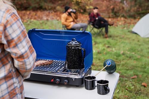 Stansport Enamel 8-Cup Percolator Coffee Pot and 4-Mug Set - Heavy-Duty Campfire Coffee Maker with 12oz Mugs - Percolator Stem Included - Double Baked Enamelware for Camping, Hiking, RV & Cabin