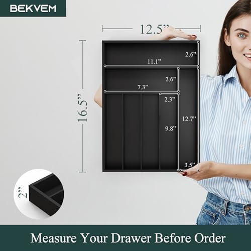 Silverware Organizer, Bamboo Kitchen Drawer Organizer, Utensil Holder, Cutlery Tray & Spoon Flatware Storage with Grooved Drawer Dividers (Black, 12''W x 16.5''D)