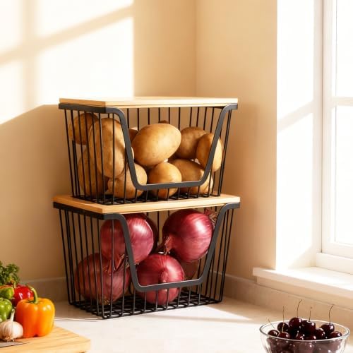 1 Pack Fruit Basket for Kitchen Counter, Stackable Pantry Organizers Storage, Large Wire Storage Basket Suitable for Storing Fruits, Onions, Potatoesand Vegetables